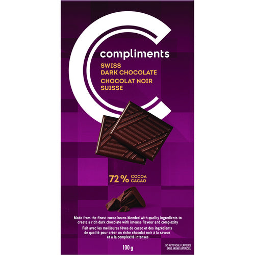 COMPLIMENTS SWISS DARK CHOCOLATE 72% COCOA BAR 100g