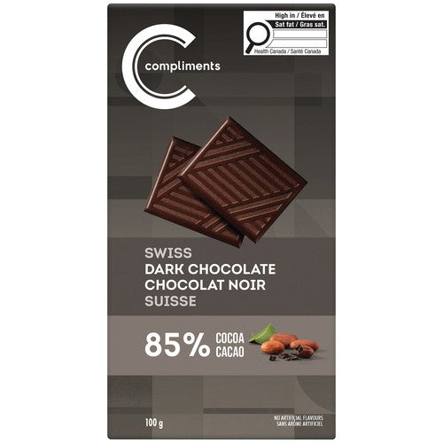 COMPLIMENTS SWISS DARK CHOCOLATE 85% COCOA BAR 100g