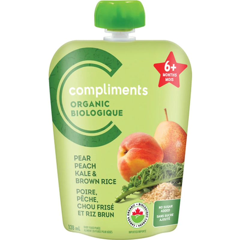 COMPLIMENTS ORGANIC PEAR PEACH, KALE & BROWN RICE POUCH BABY FOOD 128ml