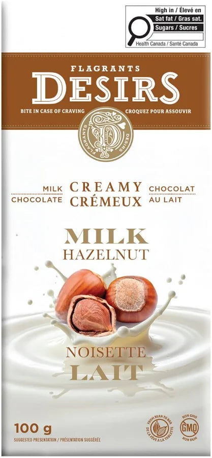FLAGRANTS DESIRES CREAMY MILK HAZELNUT CHOCOLATE BAR 100g